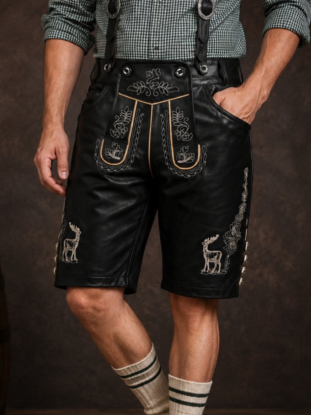 Men’s Black Leather Lederhosen Albert Oktoberfest Outfit Size 44